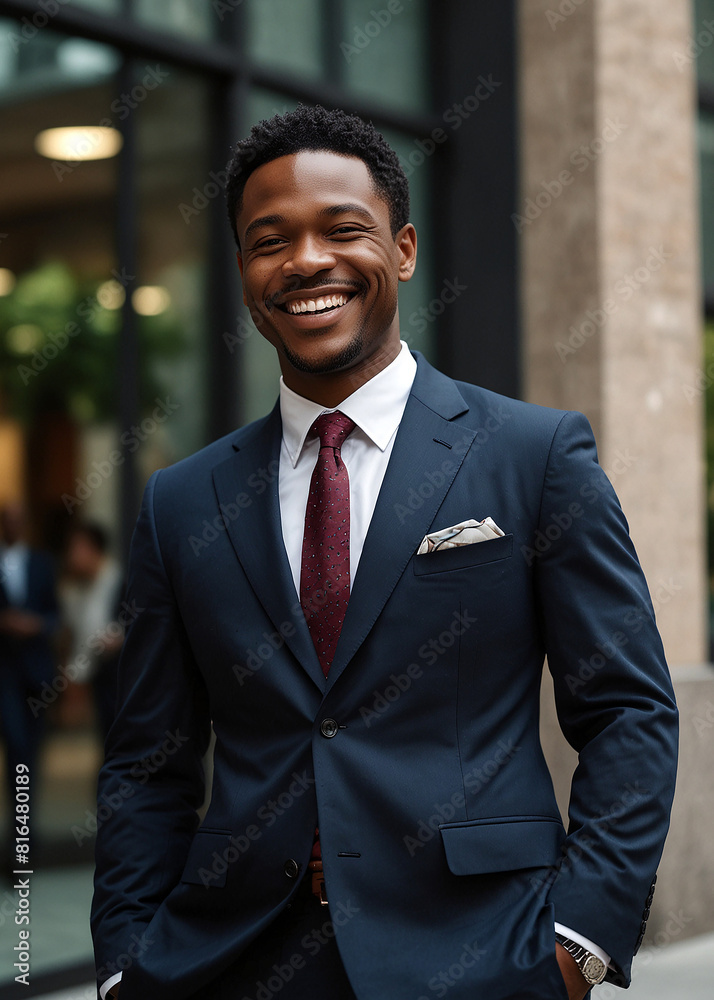 A cheerful African-American businessman in a tailored navy suit A cheerful African-American businessman in a tailored navy suit