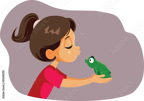 Little Girl Kissing a Frog Dreaming of Becoming Princess Vector Cartoon. Funny kid daydreaming of transforming a toad into a prince 
