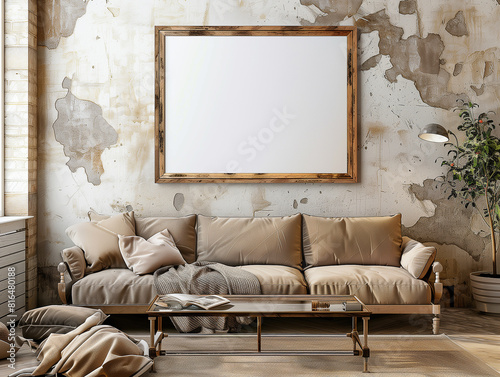 Wohnraum mit leeren Holzrahmen zum einsetzen von eigenen Bildern für Werbung und Darstellung des Designs. photo