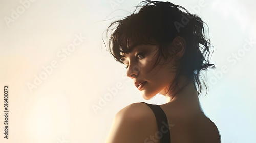 figure of a sexy sensual young woman standing back and turning around a beautiful girl with handpicked hair on a white isolated background : Generative AI photo