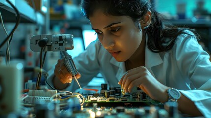 an Indian female engineer working on a complex circuit board in a well-lit laboratory, 
