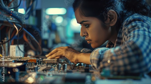 an Indian female engineer working on a complex circuit board in a well-lit laboratory  