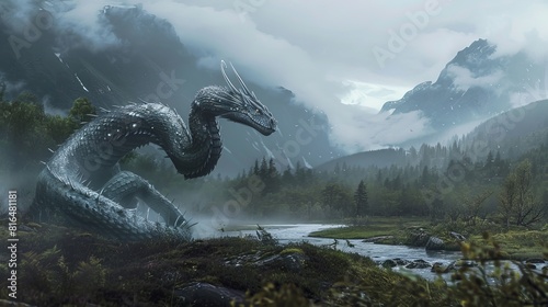 A lifelike depiction of the Nordic serpent dragon Níðhöggr in a mystical landscape photo