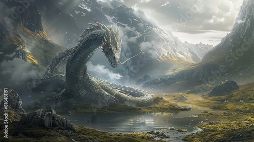 A lifelike depiction of the Nordic serpent dragon Níðhöggr in a mystical landscape