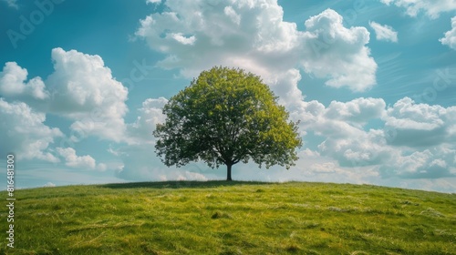 Green tree in the middle of a grassy field under the daytime sky with clouds