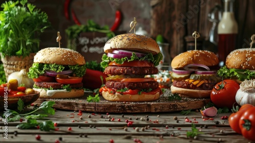 plant-based burgers stacked high with fresh vegetables and sauces, 