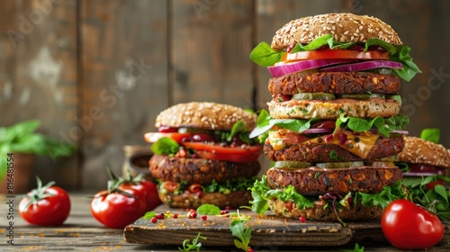 plant-based burgers stacked high with fresh vegetables and sauces,  photo