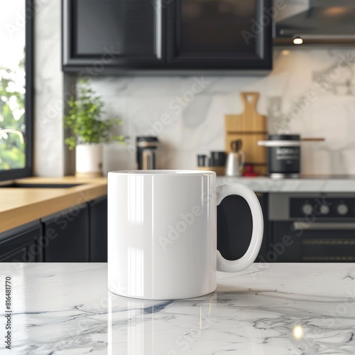 clean white coffee mug mockup on a kitchen counter