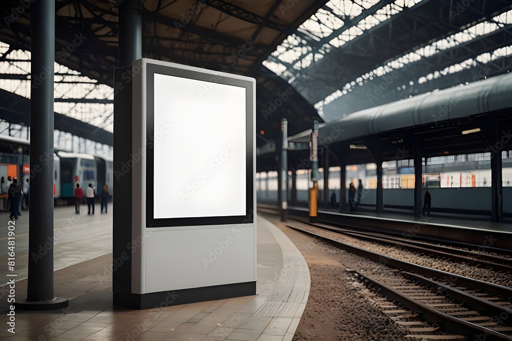 Mock up. Vertical advertising billboard, lightbox with empty digital screen on railway station. Blank white poster advertising, public information board stands at station in front of people and train. Mock up. Vertical advertising billboard, lightbox with empty digital screen on railway station. Blank white poster advertising, public information board stands at station in front of people and train.