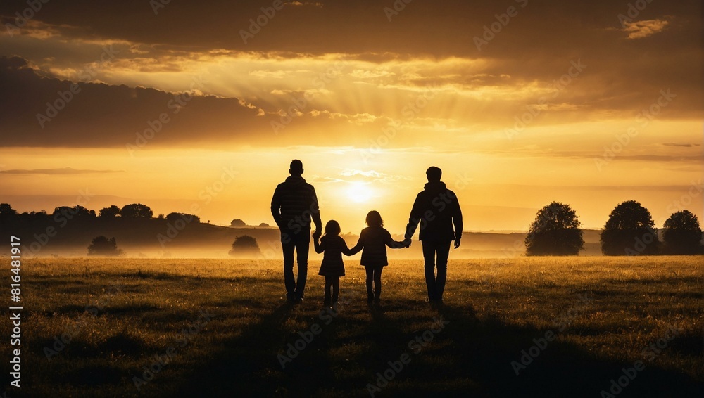 silhouette of a family in the sunset