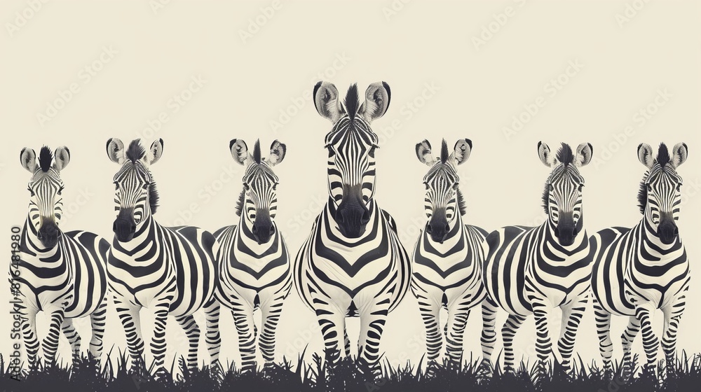 View of a zebra herd grazing flat design front view striped symmetry theme animation Monochromatic Color Scheme View of a zebra herd grazing flat design front view striped symmetry theme animation Monochromatic Color Scheme