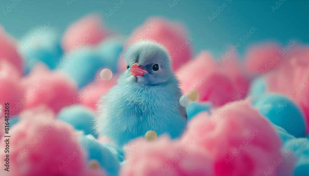 Enchanting picture of a gentle, blue bird nestled in delightful pink clouds, evoking a feeling of enchantment and charm, ideal for themes of creativity and youthful innocence