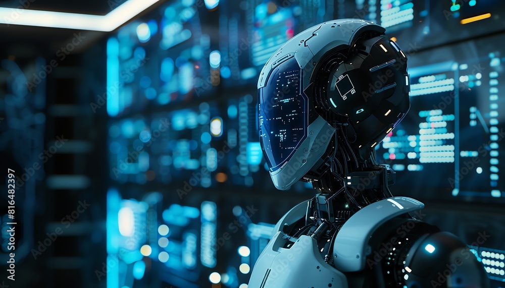 A futuristic robot stands in a hightech command center, its head turned to the side as data and circuits glow against the dark background A futuristic robot stands in a hightech command center, its head turned to the side as data and circuits glow against the dark background