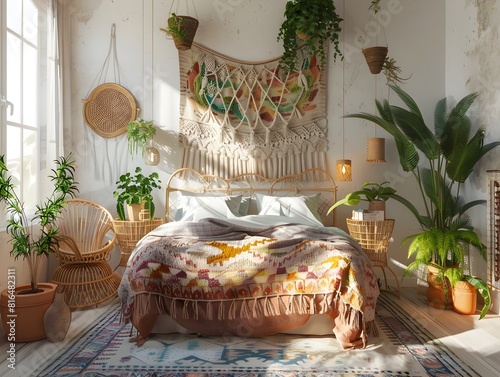 Sunlit BohoInspired Bedroom Sanctuary Radiating Warmth and Comfort photo