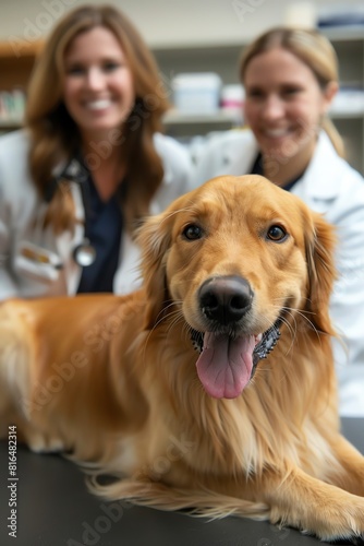 A caring Golden Retriever being examined by two veterinarians in a welllit vet clinic