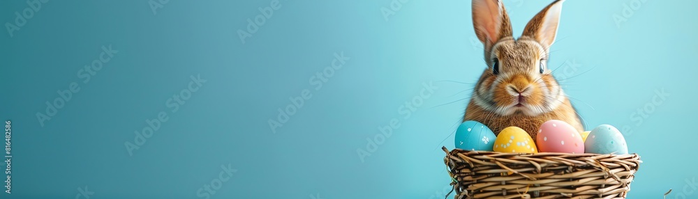 Bunny with a basket of colorful Easter eggs against a blue background Bunny with a basket of colorful Easter eggs against a blue background