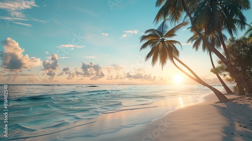 Amazing beach sunset with palm trees. Beautiful colors of nature. High quality photo.