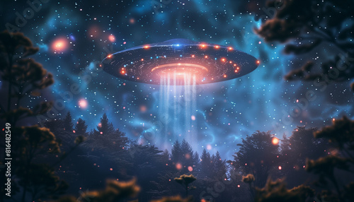 Mesmerizing image capturing a ufo with radiant lights descending upon a tranquil, starlit forest, evoking a sense of wonder and the unknown on world ufo day