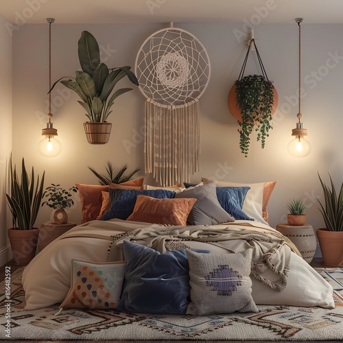 BohoInspired D Rendered Bedroom Emanating Comfort and Relaxation photo
