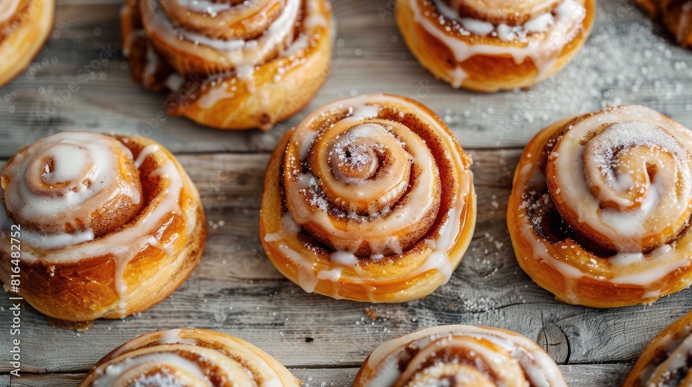 Freshly baked cinnamon and sugar glazed sweet buns arranged neatly on a gray wooden surface Freshly baked cinnamon and sugar glazed sweet buns arranged neatly on a gray wooden surface