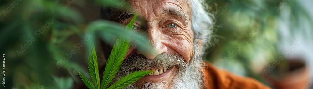 Obraz premium Elderly man with a white beard, smiling and holding a cannabis leaf close to the camera