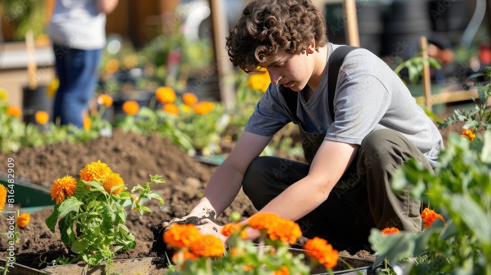A teenage boy volunteering at a community garden, A teenage boy volunteering at a community garden,