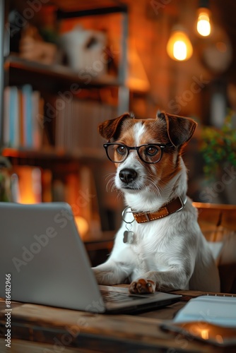 Intelligent Jack Russell terrier wearing glasses, attentively working on a laptop in a rustic home office © Creative_Bringer