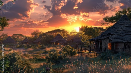 A traditional African village nestled amidst the African sunset,  photo