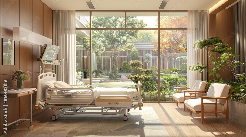 Fototapeta premium hospital patient room featuring comfortable furnishings, 
