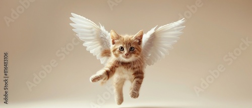 Playful kitten with angelic wings floating mid-air against a plain background