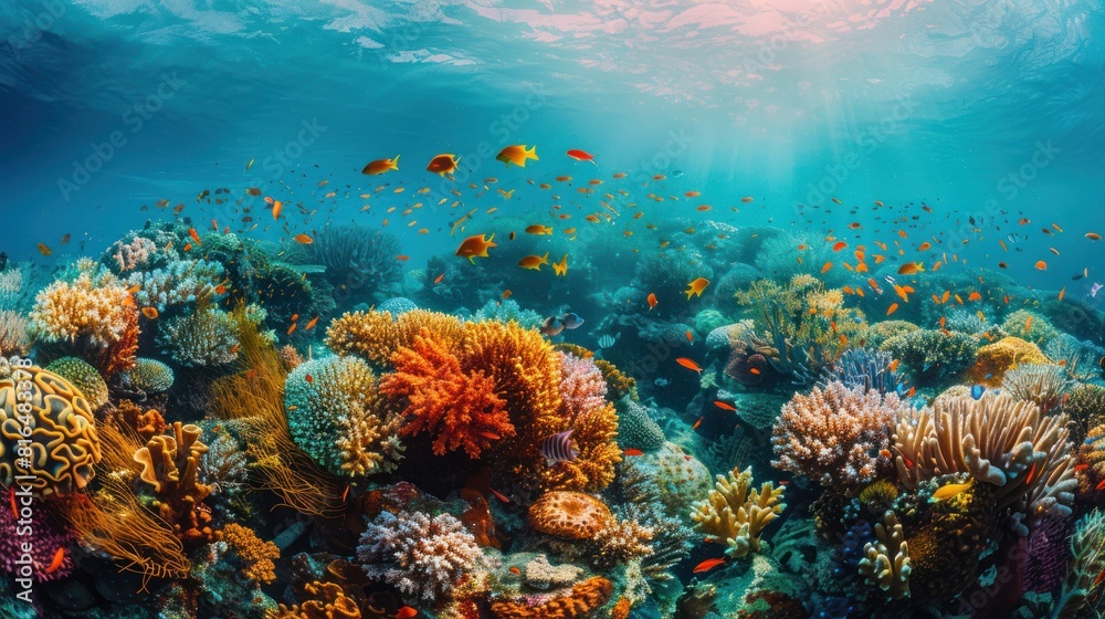 An underwater of a vibrant coral reef teeming with colorful marine life, An underwater of a vibrant coral reef teeming with colorful marine life,