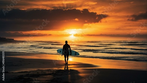 Surfer walking on beach at sunset with surfboard