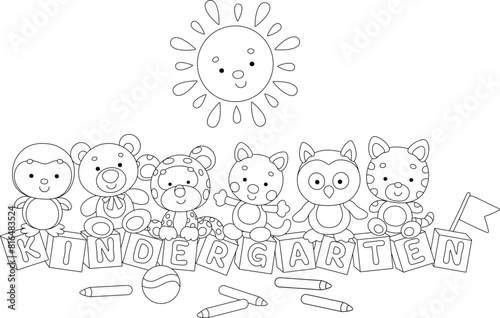 Funny toys with cute cartoony baby animals and a smiling sun, bricks with letters, pencils and a ball in a kindergarten, black and white vector cartoon illustration for a coloring book
