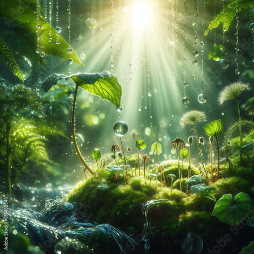 vibrant greenery in soft focus background. tropical forest in the rain. Radiant Elegance DewKissed Blades Amidst Nature's Embrace. Green background with beautiful leaf spring day. rainforest.  photo