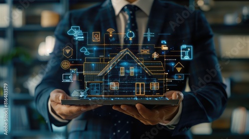 In a technologically driven society, a businessman presents a home model adorned with smart home automation icons, highlighting the interconnectedness of smart devices. photo