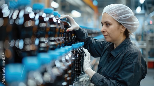 Middle-aged female worker meticulously examining the robotic line to ensure the accuracy of bottling and packaging carbonated black juice soft drink.  photo