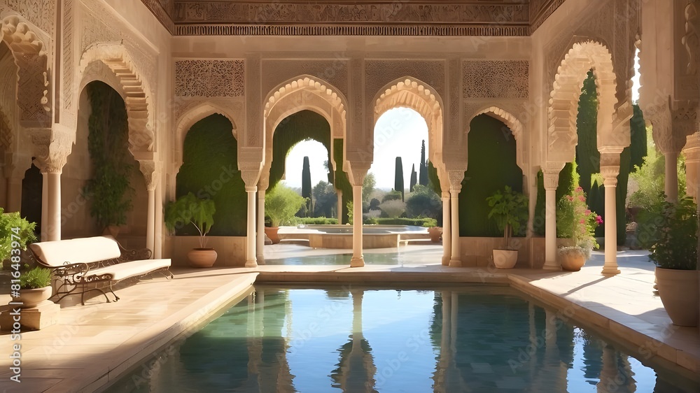 A tranquil courtyard filled with beautiful geometric patterns and fountains in an Andalusian riad -