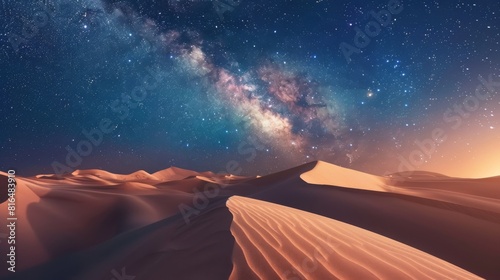 Desert dunes under starry sky, clear Milky Way, minimalistic style. Sweeping desert dunes with a brilliant starry sky, simple and serene.
