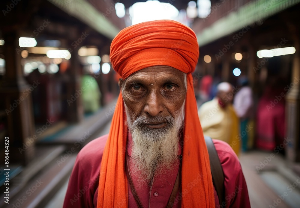 Portrait of a wise-looking, bearded man wearing an orange turban. AI. Portrait of a wise-looking, bearded man wearing an orange turban. AI.