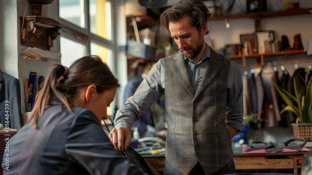 Professional female tailor working with a male client to achieve the ideal fit for his garment in a bustling workshop brimming with creativity and expertise. Professional female tailor working with a male client to achieve the ideal fit for his garment in a bustling workshop brimming with creativity and expertise.