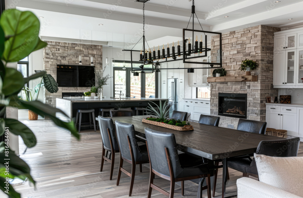 Modern open concept kitchen and dining room with white cabinets, stone backsplash, wood floor, large island, light grey walls, black wooden table and chairs, chandelier hanging from the ceiling