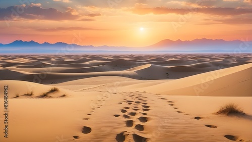   A serene desert landscape at sunset  with sand dunes stretching as far as the eye can see. --ar 3 2 --v 4  
