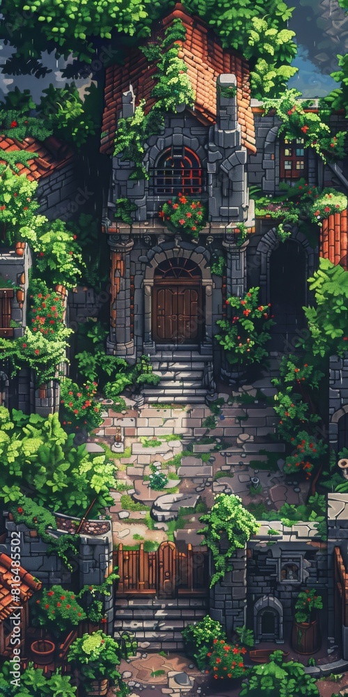 Serene pixel art garden scene with a cozy house in the distance generative ai Serene pixel art garden scene with a cozy house in the distance generative ai