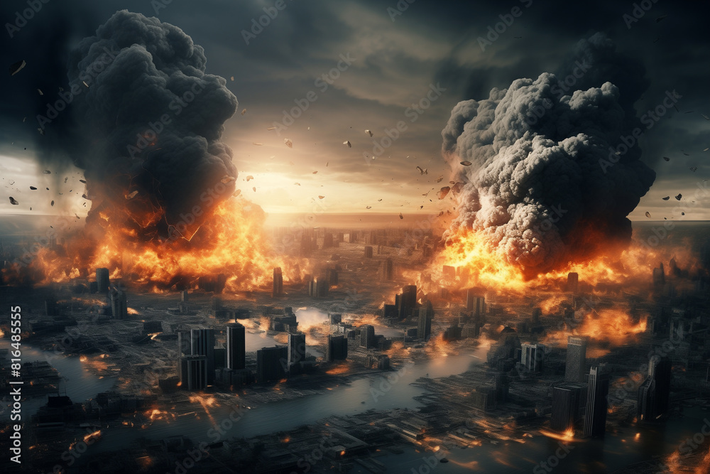 An explosion in a town's skyline. Destruction of the planet. World war, last days of mankind An explosion in a town's skyline. Destruction of the planet. World war, last days of mankind