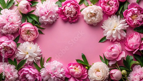 Frame made of beautiful peony flowers on pink background. Flat lay, copy space, summer flowers