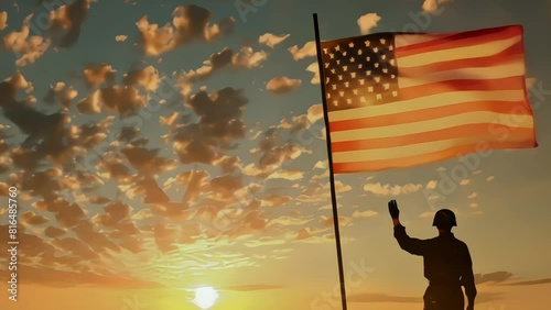 Soldier and USA waving flag on sunrise concept national holiday flag day, veterans day, memorial day, indepence day, patriot day 4k photo