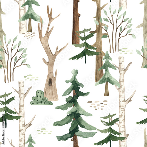 Watercolor seamless pattern with forest trees, fir trees, bushes, birches for prints, textures, scrapbooking, nursery