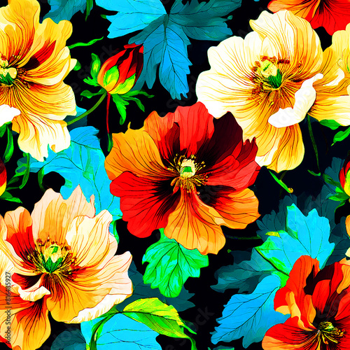 Colourful floral seamless Pattern with dark background watercolour painting of abutilon flowers