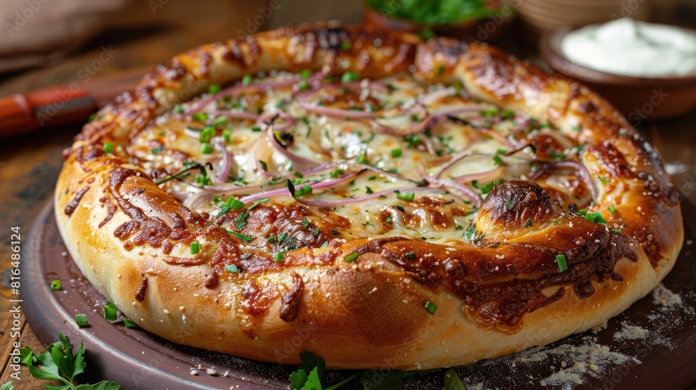 Argentinian Stuffed Pizza with Mozzarella and Onions on a Wooden Table Argentinian Stuffed Pizza with Mozzarella and Onions on a Wooden Table
