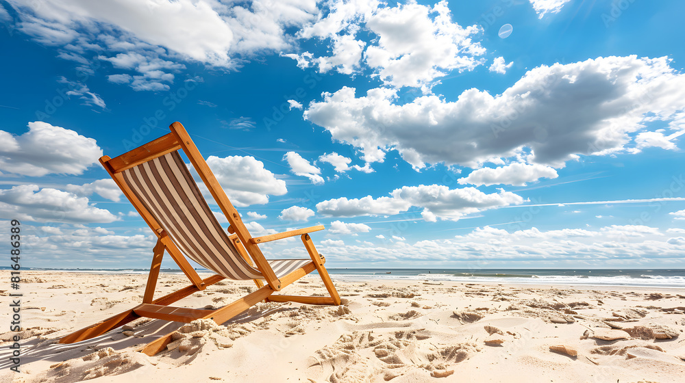 A beach chair on the sand with a blue sky and clouds in the background, copy space area, minimalist